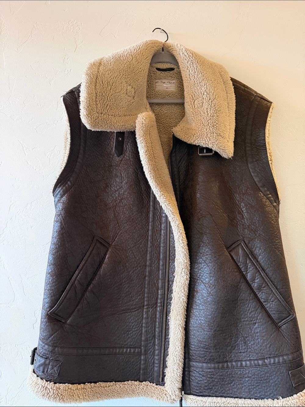 We The Free Brown Leather Vest with Cream Shearling Trim